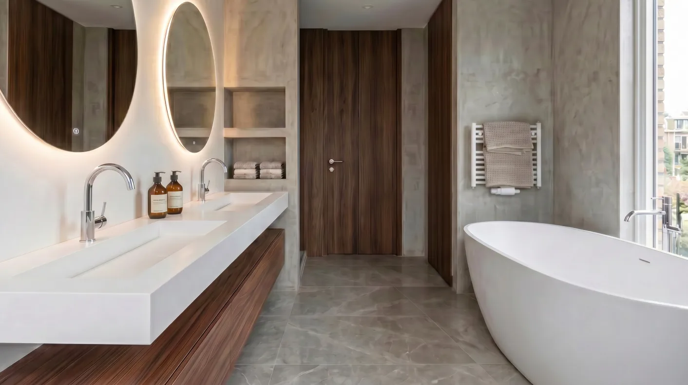 Bathroom with walnut wardrobe and freestanding tub