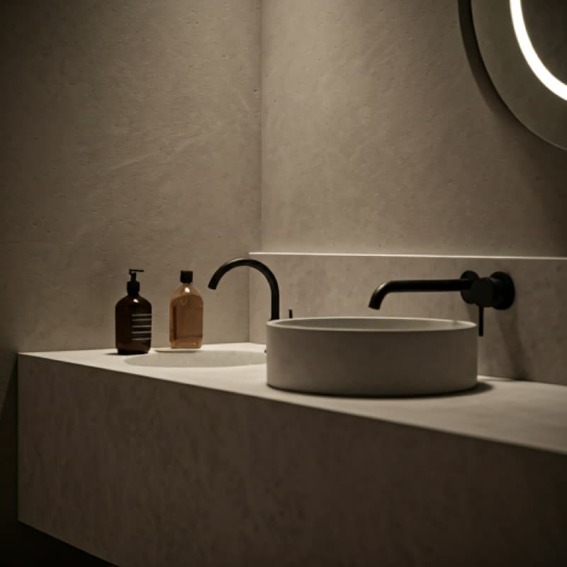 Detail of a stone vanity with brass fittings